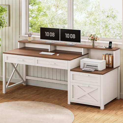 SEDETA Farmhouse Home Office Desk with File Drawer & Power Outlet, Computer Desk with 4 Drawer, Storage Shelves, Printer Cabinet and Monitor Shelf, Gaming Desk with Led Lights, White SEDETA
