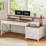 SEDETA Farmhouse Home Office Desk with File Drawer & Power Outlet, Computer Desk with 4 Drawer, Storage Shelves, Printer Cabinet and Monitor Shelf, Gaming Desk with Led Lights, White SEDETA