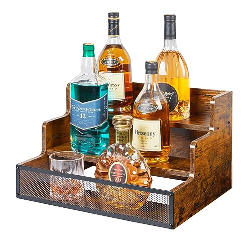 3 Step Countertop Liquor Bottle Display Shelf, Wood Bar Shelves 12 Bottles with Fences, Freestanding Storage Shelves for Liquor Whiskey Wine Coffee Syrup Display, Retro Wine Rack Home (Patent Pending) Yuzehuaza