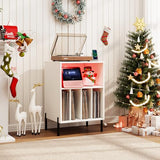 LOKO Record Player Stand with LED Lights, Turntable Stand with Charging Station, Vinyl Storage Holder with Sturdy Metal Legs, Album Display Shelf for Living Room, Bedroom (White) LOKO
