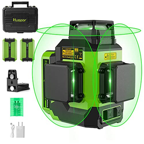 Huepar 3x360°Laser Level with 2 Li-ion Batteries 3D Outdoor Green Cross Line Self Leveling for Construction/Picture Hanging Hard Case，Magnetic Huepar