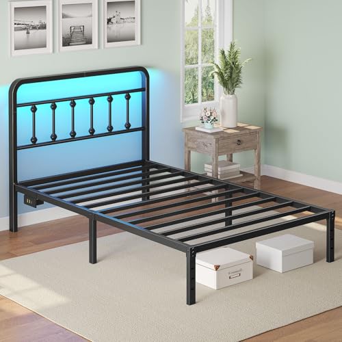 Rolanstar Twin Bed Frame, 14 Inch Metal Platform with Headboard, Charging Station & LED Lights, Under Bed Storage, Heavy Duty, No Box Spring Needed, Easy Assembly, Black Rolanstar