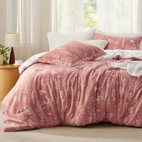 Bedsure Queen Comforter Set - Grayish Pink Bed Set, 3 Pieces Cute Floral Bedding, 1 Soft Reversible Botanical Flowers Comforter and 2 Pillow Shams Bedsure