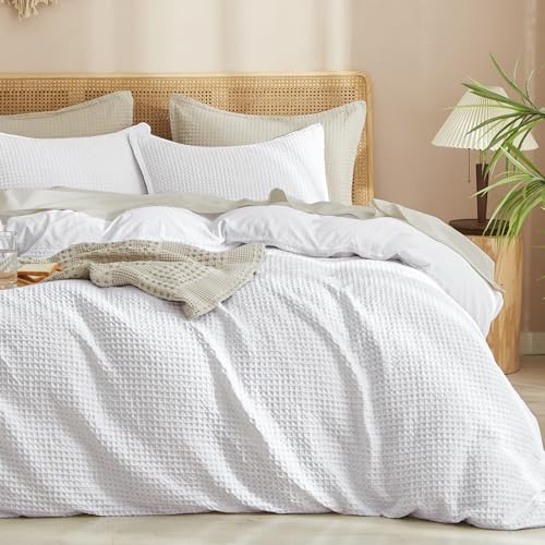 PHF Waffle Weave Duvet Cover Set King Size, No Snagging Ultra Soft Luxury Textured Breathable Comforter Cover for All Season 3pcs, Durable Bedding Duvet Set with 2 Pillow Shams, 104"x90", White PHF