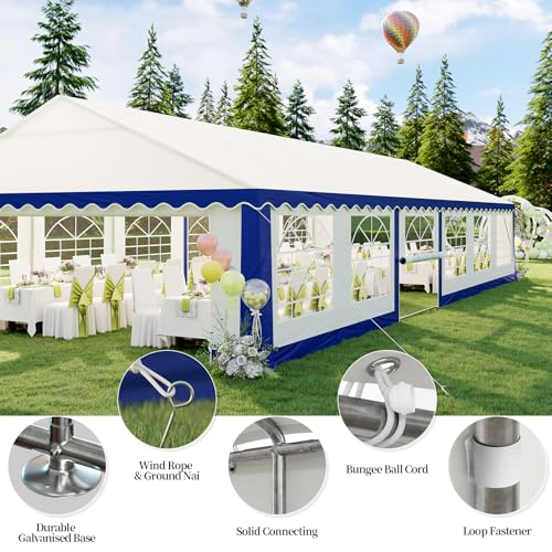 LUXOAK 20 x 40 FT Extra Large Outdoor Event Shelter, Wedding Party Tent with Sidewall Windows & 2 Side Doors, Heavy Duty Canopy Gazebo Tent for Garden Patio Carport, White with Blue Stripes LUXOAK