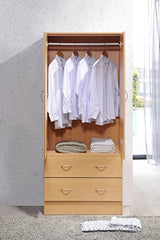 HODEDAH 2 Door Wood Wardrobe Bedroom Closet with Clothing Rod inside Cabinet and 2 Drawers for Storage, Beech Hodedah