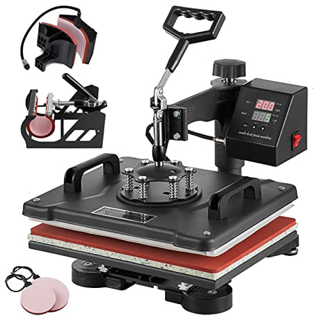 TOPDEEP 5 in 1 Heat Press Machine, 12x15 inch Swing Away Heat Press for Sublimation, T Shirt Pressing Machine Multifunction, Heat Press Transfer Machine Combo for T-Shirt Hat Cap Mug Plate Cap Topdeep