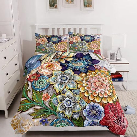 Nttopship 3 Piece Boho Floral Bedding Set,Colorful Flowers Comforter Set,Bohemian Reversible Down Alternative Bed Sets,Twin Size Soft Microfiber Flower Duvet Vintage Bedding in a Bag for Women Men Nttopship