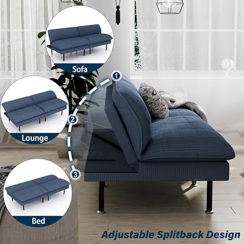 Ribilake 70" Futon Sofa Bed, 4 in 1 Multi-Function Couch Sleeper with Adjustable Backrest, Modern Convertible Futon, Recliner Small Loveseat for Living Room, Dorm, Blue Ribilake