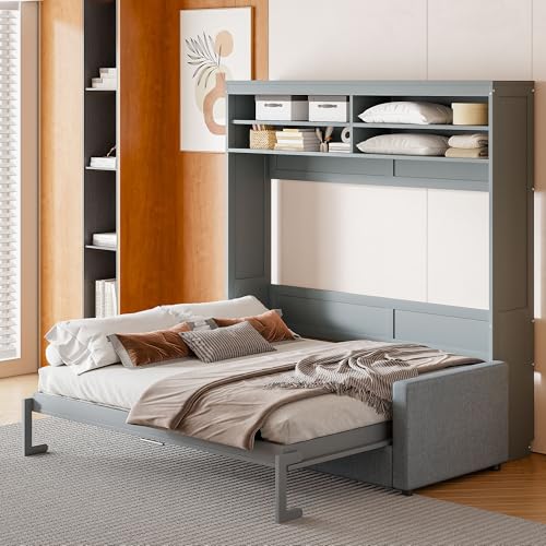 MERITLINE Queen Murphy Bed with 4 Seat Couch and Storage Shelves,Wood Folding Grey Murphy Wall Bed Cabinet with Storage and Sofa MERITLINE