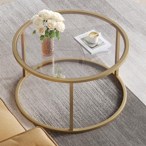 SAYGOER Small Glass Coffee Table Round Gold Coffee Table for Small Space Modern Simple Center Table with Gold Frame for Living Room Home Office, Easy Assembly SAYGOER