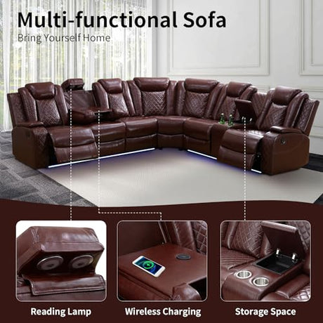Caberryne Power Recliner Sofa Sectional Couch with LED Light for Living Room,Leather Reclining Corner Sectional Sofa with 2 Recliner Seats,Cup Holder,Storage Console for House/Home Theater, Wine Caberryne