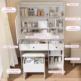 Hogxp Vanity Table with Hidden Storage & LED Mirror - Includes Padded Stool, 5 Compartments, 2 Drawers & 1 Storage Cabinet - Ideal Bedroom Makeup Dressing Table White Hogxp