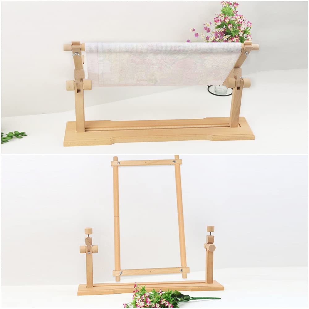 Rotated Table Embroidery Frame Stand - Adjustable Cross Stitch Scroll Frame, Beech Wood Quilting Frame Needlepoint Holder Stretch Bar for Stitching Sewing Craft guofa