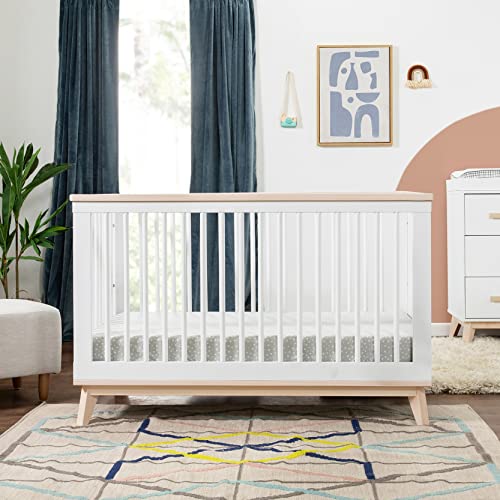 Babyletto Scoot 3-in-1 Convertible Crib with Toddler Bed Conversion Kit in White and Washed Natural, Greenguard Gold Certified babyletto