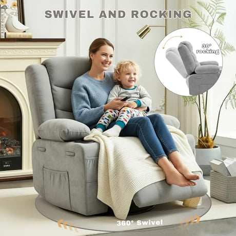 GAOHAPPY Swivel Rocker Recliner Chair, Manual Recliner Single Sofa with Cup Holders and Side Pocket, Chenille Fabric, Upholstered Nursery Rocking Chair for Living Room, Bedroom, Grey GAOHAPY