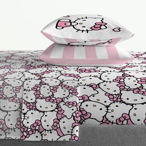 Jay Franco Sheet Set with Fitted, Flat Sheets & Pillow Cover - Ultra-Soft Bedding with Pillowcase for Room Decor, Multi - Hello Kitty, 4 Piece Queen Jay Franco