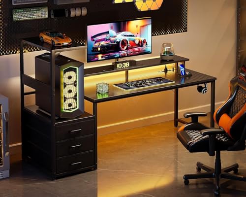 Casaottima 59 Inch Gaming Desk with USB Charging Ports & LED Light - Reversible Computer Desk with 3 Fabric Drawers, Monitor Stand, CPU Stand, and Side Hook, Modern Office Desk, Pure Black Casaottima