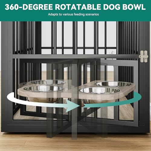 YITAHOME 88.6" Double Dog Crate Furniture, Wooden Dog Kennel with Bowls & 3 Doors, Large Double Crate Furniture TV Stand, Grey YITAHOME