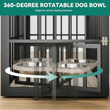 YITAHOME 88.6" Double Dog Crate Furniture, Wooden Dog Kennel with Bowls & 3 Doors, Large Double Crate Furniture TV Stand, Grey YITAHOME