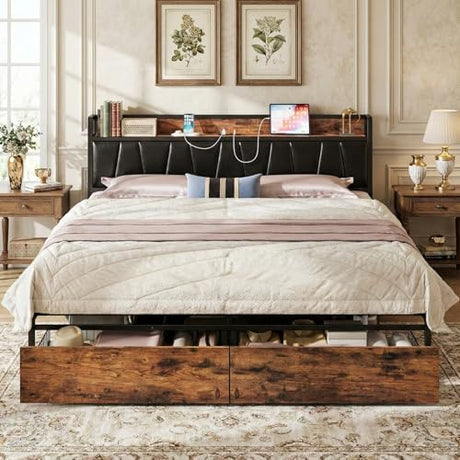 LIKIMIO King Size Bed Frame, Storage Headboard with Charging Station, Platform Bed with Drawers, No Box Spring Needed, Easy Assembly, Vintage Brown and Black LIKIMIO