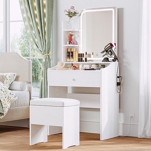 LIKIMIO Small Makeup Vanity Desk with Mirror and Lights, Vanity Table Set with Storage Drawer & Chair & 3 Shelves, Bedroom, White - WoodArtSupply