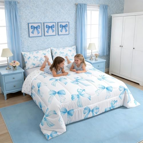 Feelyou Sky Blue Bow Bedding Set for Kids Boys Girls Twin Size Cute Dreamy Princess Style Comforter Set Ultra Soft Bow Pattern Comforter Sky Blue Bowknot Duvet Quilt Bedroom Decor Bow Quilt Feelyou