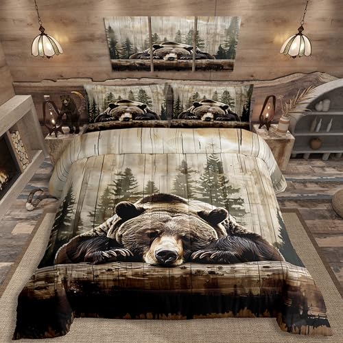 Feelyou Grizzly Bear Comforter Set King Size, Wild Animal Hunting Quilt Set with 2 Pillowcases, Western Cabin Bedding Set 3pcs for Kids Boys Teens Room Decor, Rustic Country Farmhouse Duvet Insert Feelyou