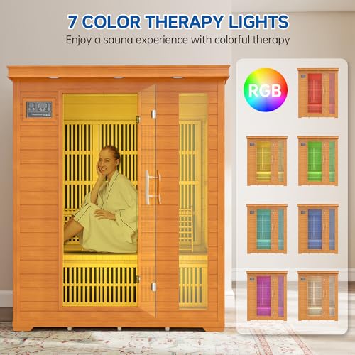 RESTISLAND 3 Person Infrared Sauna, Indoor Far Infrared Saunas for Home, 2240W Low EMF Canadian Hemlock Wooden Dry Sauna Room with 7 Chromotherapy Lamp, Bluetooth Speakers, 20 Amps RESTISLAND