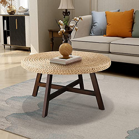 RANDEFURN Coffee Table Round, Seagrass Coffee Tables,Pine Wood X Base Frame Cocktail Table, Easy Assembled, Multiple Sizes for Living Room, Solid Wood Table,32 x 17 Inches,Natural RANDEFURN