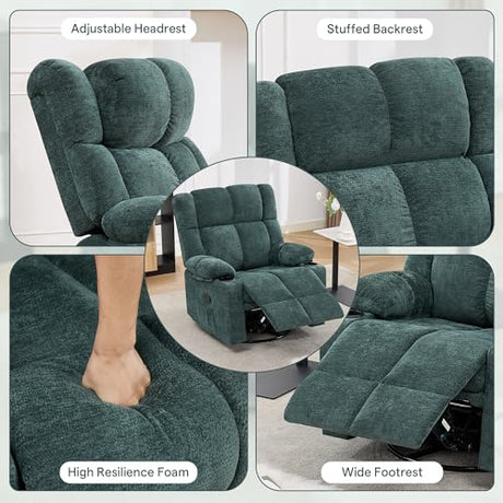 Coziture Swivel Rocker Recliner,Rocking Reclining Chair with Adjustable Headrest for Adults,Upholstered Fabric Swivel Recliner Chair for Bedroom,Living Room,Green Coziture