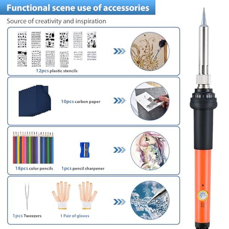 Fohil Wood Burning Kit for Adults with Gloves, 130pcs Wood Burning Pen Tool Set with Adjustable Temperature 200~450 °C Switch Pyrography Pen Kit for Embossing Carving Soldering Fohil