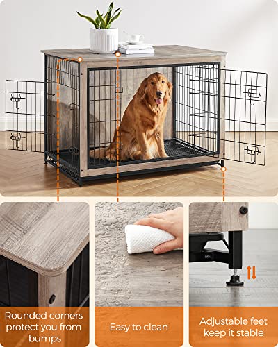 Feandrea 44.1" Dog Crate Furniture, Indoor Dog Cage Side End Table, XL Pet Wood Kennel for Large and Medium Dogs up to 80 lb with Multi-Purpose Removable Tray, Double-Door Pet House, Greige Feandrea