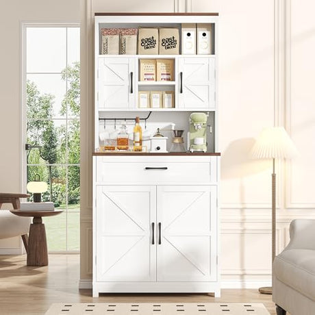 kepptory 69" Tall Farmhouse Kitchen Pantry Cabinet, Kitchen Hutch Bar Cabinet with Drawers&Cup Holder, Large Wooden Storage Cabinets with Barn Doors&Microwave Stand, Cupboard for Dining Room(White) kepptory