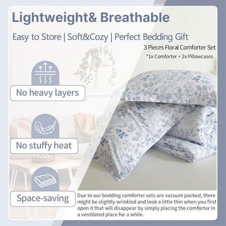 EAVD Queen Comforter Set White and Blue Floral Bedding Set for Women Soft Microfiber 3-Piece Vintage Garden Floral Comforter Set with 2 Pillowcases Botanical Bedding Set for All-Season EAVD
