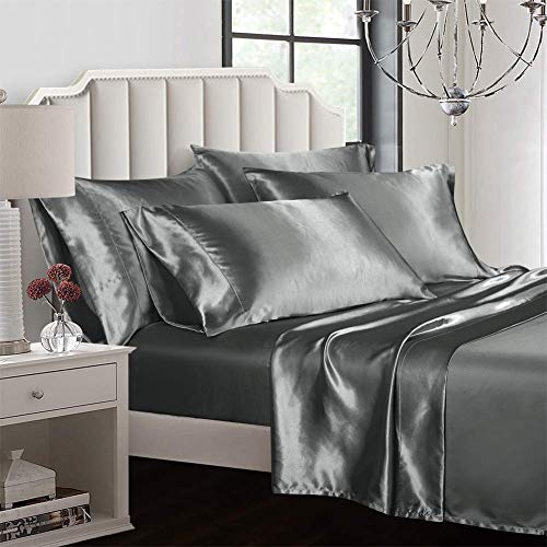 AiMay 6 Piece Satin Bedding Sheet Set King Grey Deep Pocket 1800 Series Luxury Rich Silk Silky Super Soft Solid Color 4 Pillowcases Reversible Sexy Honeymoon Wrinkle Free (King,Grey) AiMay
