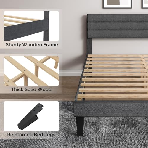 VINGLI Full Bed Frame with Headboard,Upholstered Platform Bed with Adjustable Headboard,Heavy Duty Slats Support,Mid Century Modern,Noise Free, No Box Spring Needed, Dark Gray VINGLI