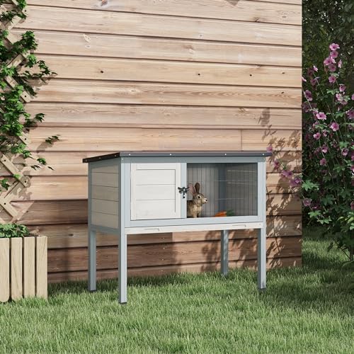 PawHut Elevated Wooden Rabbit Hutch, Indoor/Outdoor Bunny Cage with Hinged Asphalt Roof and Removable Tray for Guinea Pig, Gray - WoodArtSupply