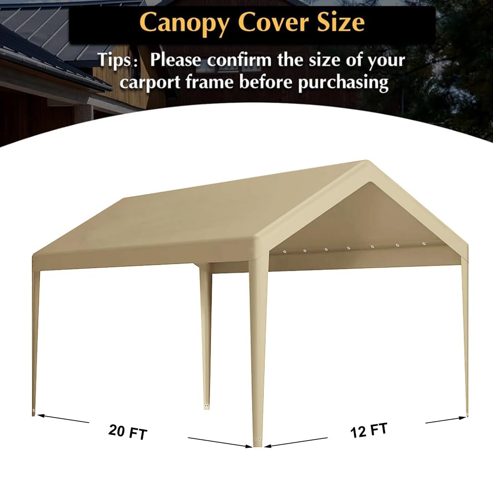 Carport Replacement Canopy, Replacement Top Cover for 12' x 20' Carport Frame, 180G PE Fabric Waterproof & UV Protected Tarp with Ball Bungees, Beige (Only Top Cover, Frame is not Included)