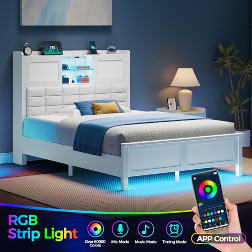 Rolanstar Bed Frame Twin Size with Charging Station, Bookcase Headboard Bed with LED Light and Sliding Doors, Platform Bed with Wooden Slats, No Box Spring Needed, Noise Free, White Rolanstar