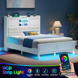 Rolanstar Bed Frame Twin Size with Charging Station, Bookcase Headboard Bed with LED Light and Sliding Doors, Platform Bed with Wooden Slats, No Box Spring Needed, Noise Free, White Rolanstar