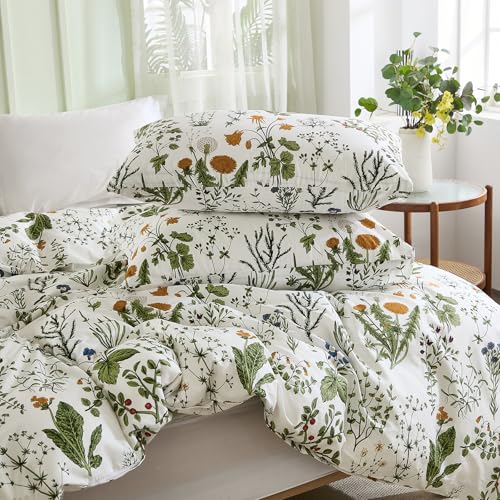Cozaline Green Comforter Set King, 100% Cotton Reversible Floral Pattern Comforter Set 3 Pcs Soft Cotton Lightweight Comforter All Season Soft & Breathable Green Bedding Set Cozaline