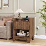 HOOBRO Fluted Nightstand with Charging Station, End Table with Hidden Drawer, Modern Bedside Table, Wooden Night Stand for Bedroom, Study, Dark Walnut WL351UBZ01 HOOBRO