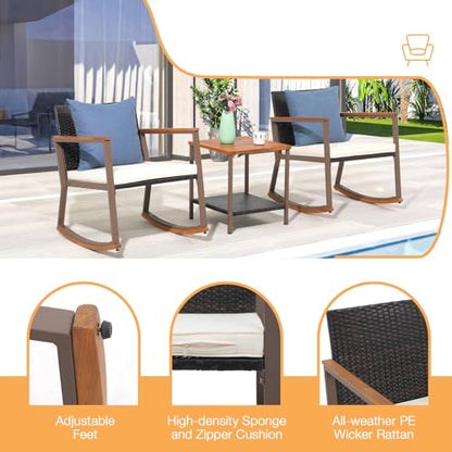 Relyblo Wicker Rocking Bistro Set of 3, Outdoor Rocker Chair Furniture Conversation Sets with Coffee Table & Cushions, Patio Rattan for Balcony, Lawn, Porch Poolside, Black - WoodArtSupply