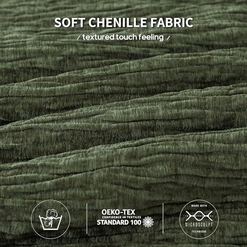 COTTEBED Reversible Chenille Cotton Queen Size Comforter Set, Luxury Textured Stripe Soft Modern Bedding 3 Piece Down Comforter and Sham Set, Lightweight All Season(Dark Olive Green,Full/Queen) COTTEBED
