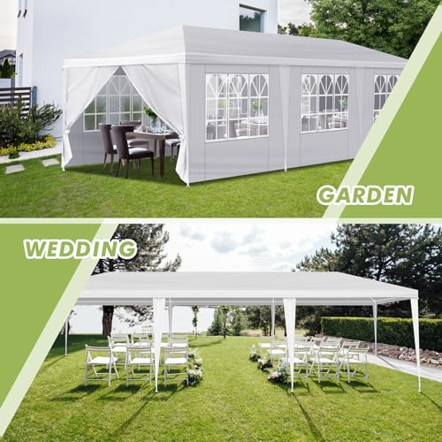 Linkhoo 10x30 FT Outdoor Canopy Party Tent with 5 Removable Sidewalls, Large Waterproof Wedding Tents w/Ground Nails & Windproof Ropes, Outside Gazebo Pavilion Event Shelter for Garden Patio, White LINKHOO