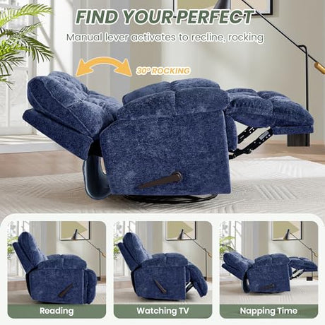 VIKAYAMICS Oversized Rocker Recliner Chair 42” Power Swivel Recliner for Living Room Overstuffed Extra Wide Rocking Recliners with Breathable Soft Fabric Up to 400lbs(Manual Blue) VIKAYAMICS
