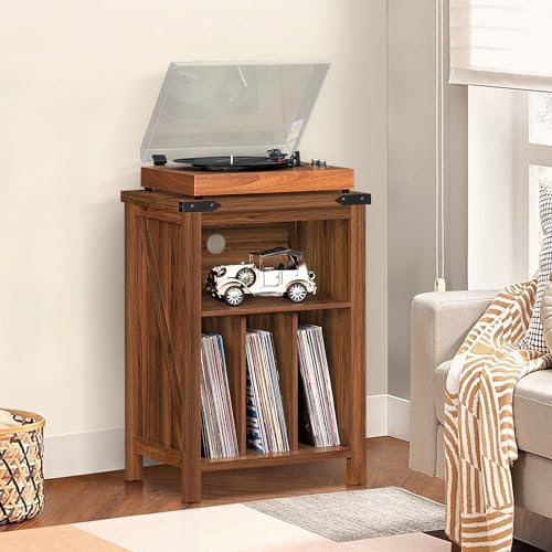 Record Player Stand with Vinyl Record Storage Holds up to 160 Albums,Large Wood Record Player Table Dispaly Shelf，Brown Turntable Stand Cabinet for Living Room,Bedroom,Office 7 Joaxswe