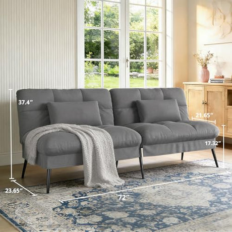 COMHOMA 72″Futon Sofa Bed,Modern Convertible Sleeper Sofa, Fabric Futon Couch with Multi-Position Backrest for Living Room Furniture (Gray) COMHOMA