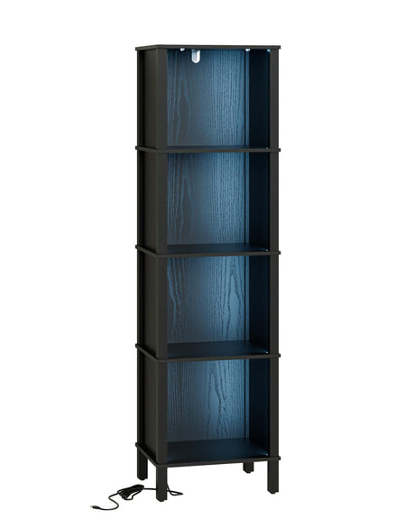 Apetaccat Bookshelf with LED Lights, Modern 4-Tier Bookcase, Open Storage Book Shelf, 11 × 14.2 × 50.4 Inches, Small Narrow Bookshelves for Living Room, Home Office, Bedroom, Black Apetaccat